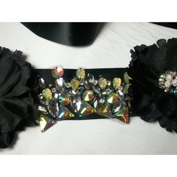 AB Rhinestone Floral Black Satin Belt Sash Prom Party Formal Bridal Goth Belt - Picture 3 of 5